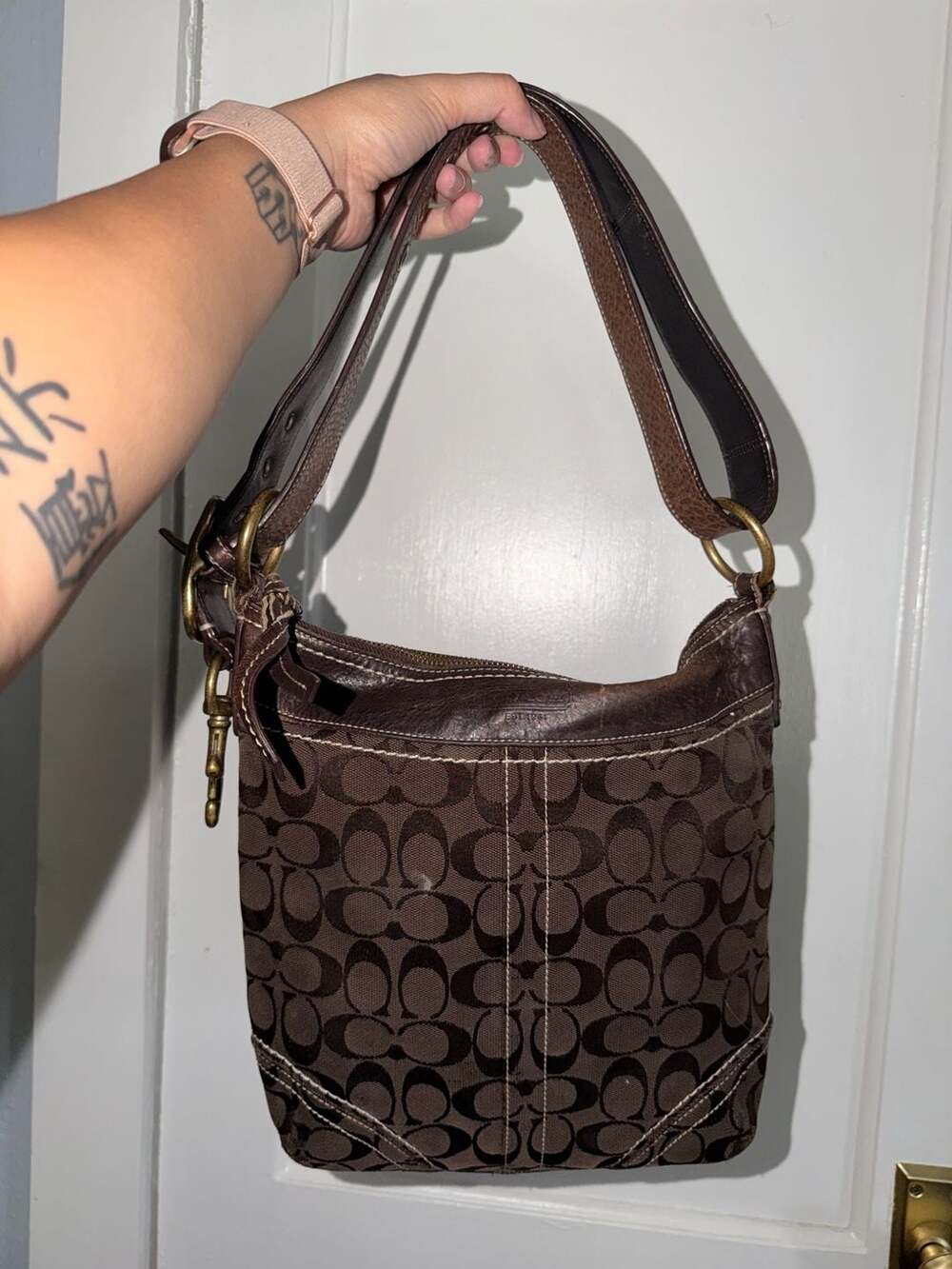 Coach Signature C Brown Canvas and Leather Convertible Shoulder Bag Crossbody
